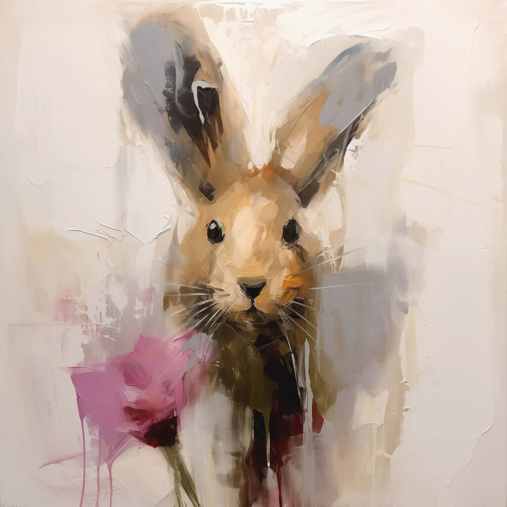Painting of a rabbit holding a flower