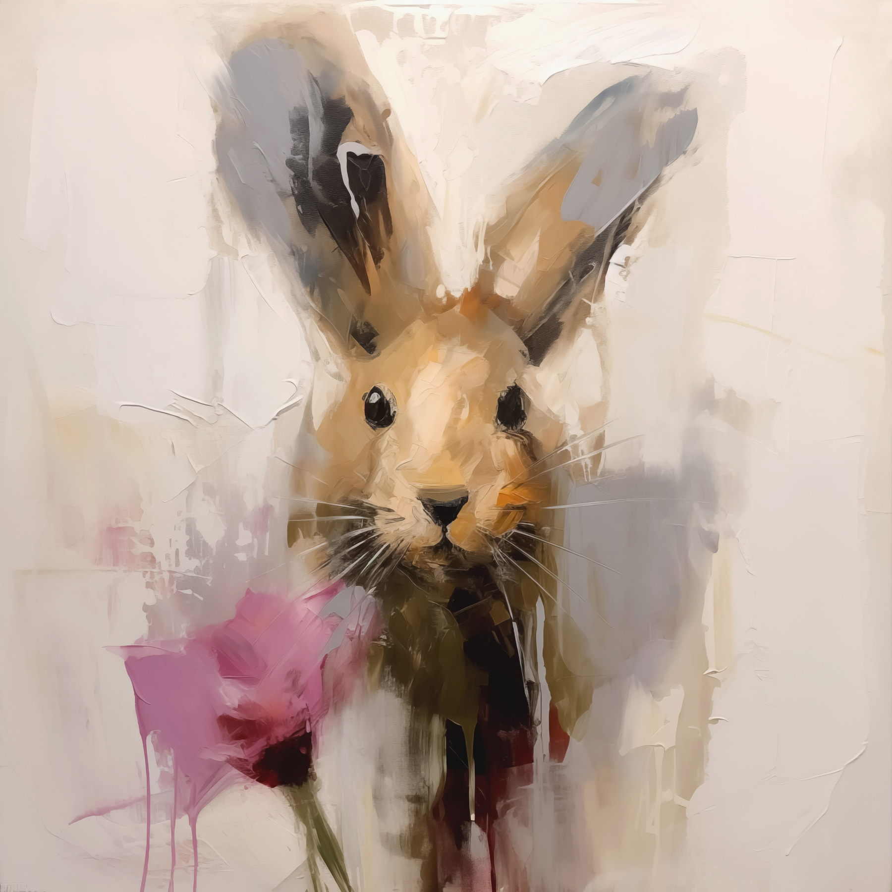 Painting of a rabbit holding a flower