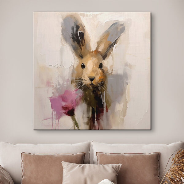 Painting of a rabbit holding a flower