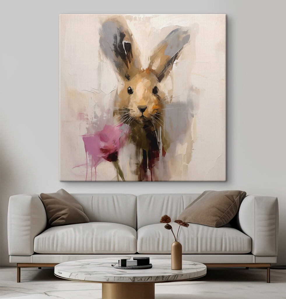Painting of a rabbit holding a flower