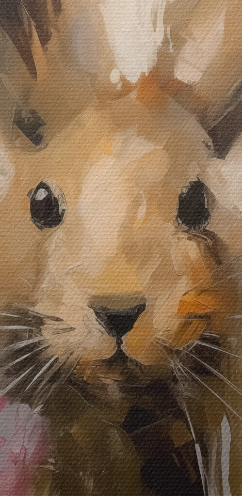 Painting of a rabbit holding a flower