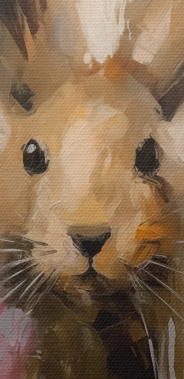 Painting of a rabbit holding a flower