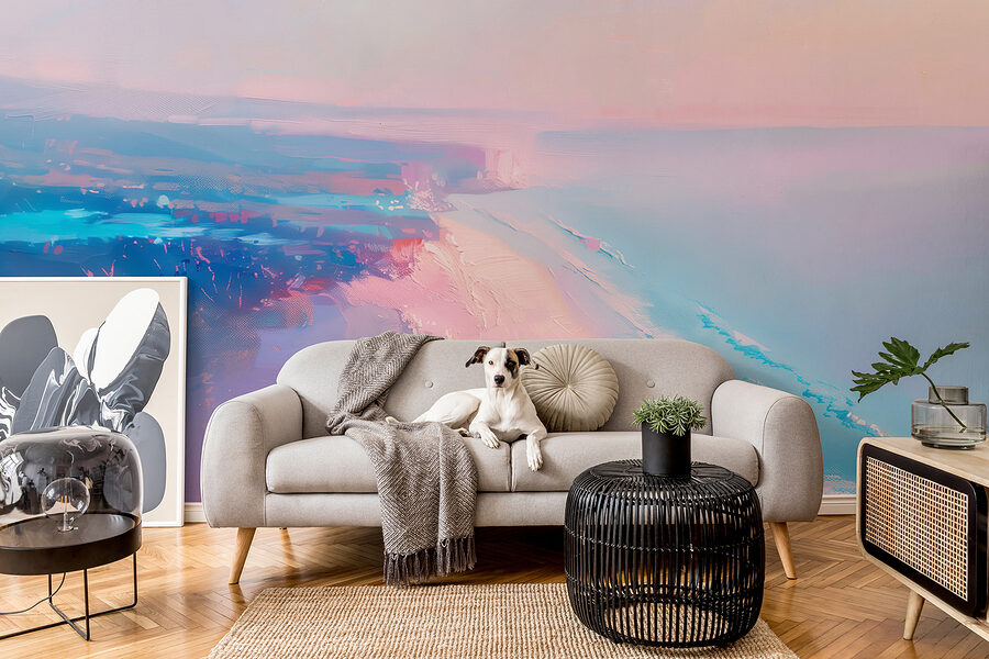 Playa con cielo rosa y azul