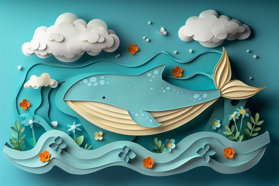 Ballena de papel en el océano