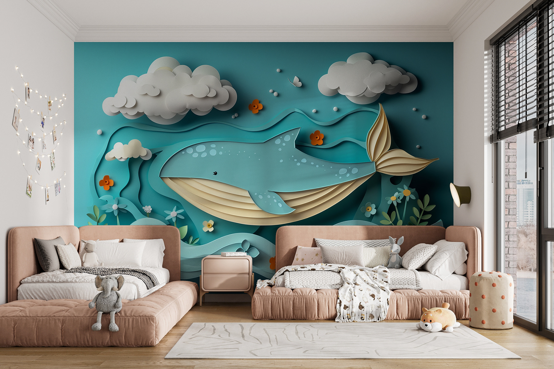 Paper cut whale in the ocean Paper cut whale in the ocean