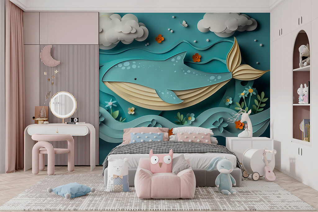 Paper cut whale in the ocean Paper cut whale in the ocean