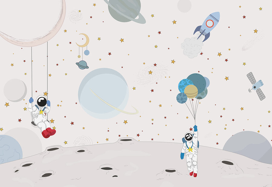 Dibujo animado de astronautas en la luna