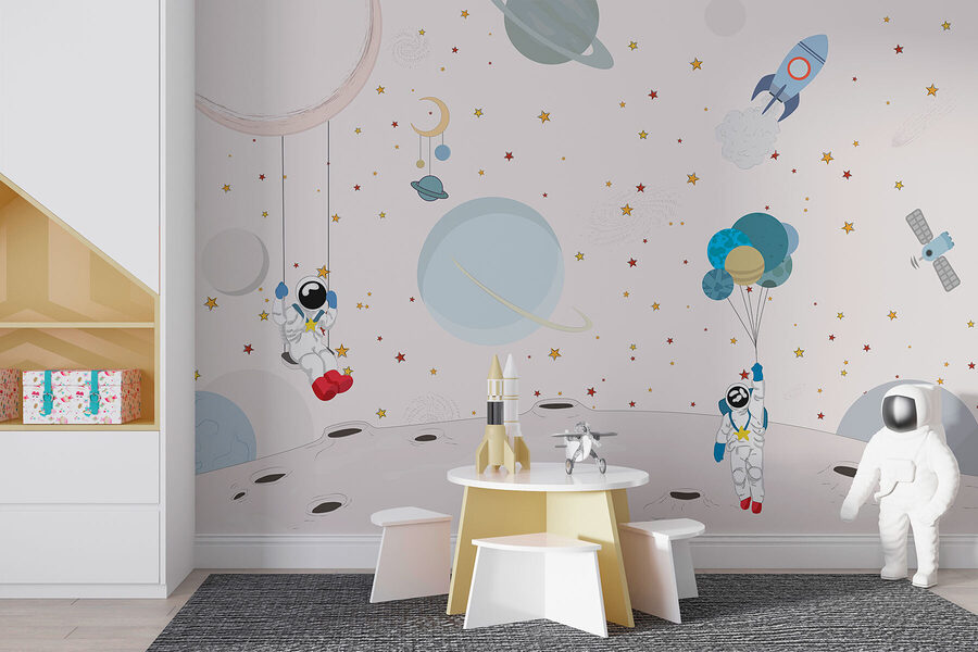 Dibujo animado de astronautas en la luna
