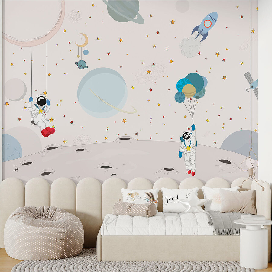 Dibujo animado de astronautas en la luna