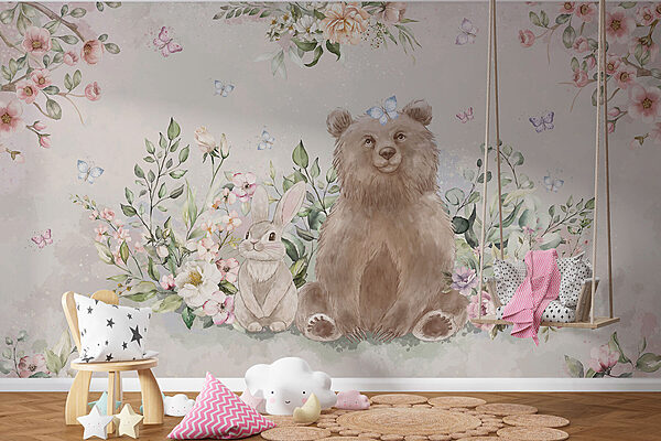 Oso y conejo con flores Oso y conejo con flores