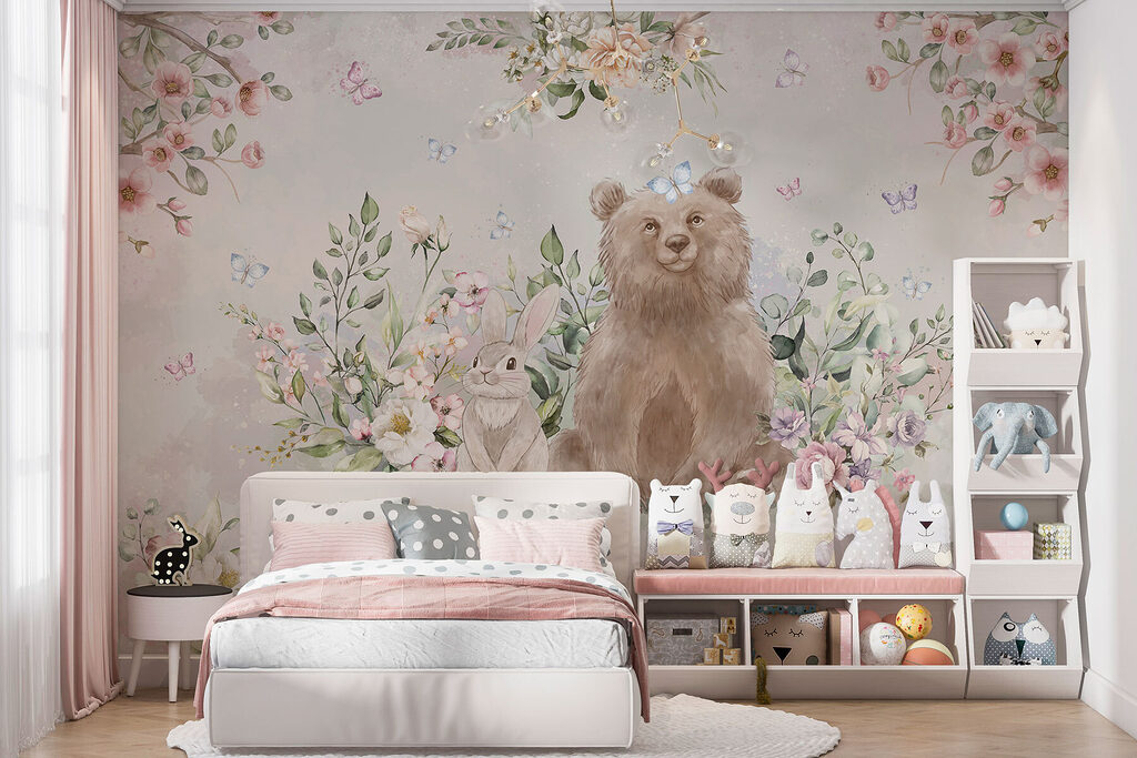 Bear and rabbit with flowers