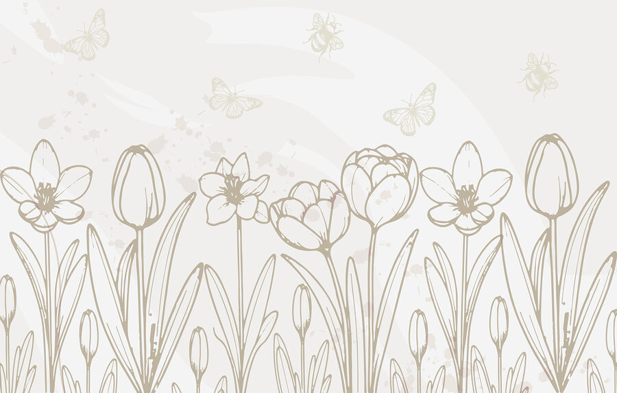 Dibujo lineal de flores y mariposas