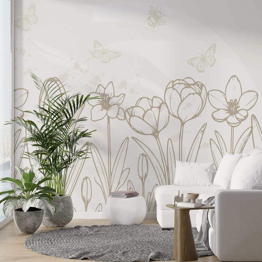 Dibujo lineal de flores y mariposas