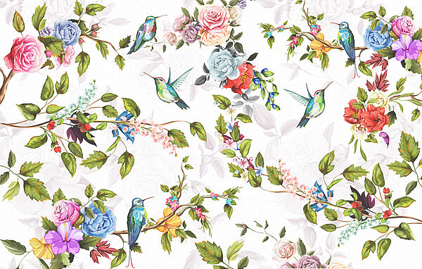 Papel pintado con flores y pájaros Papel pintado con flores y pájaros