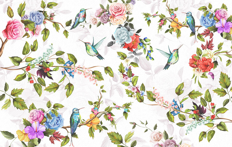 Papel pintado con flores y pájaros