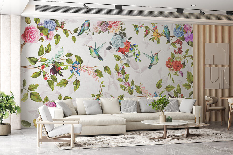 Papel pintado con flores y pájaros