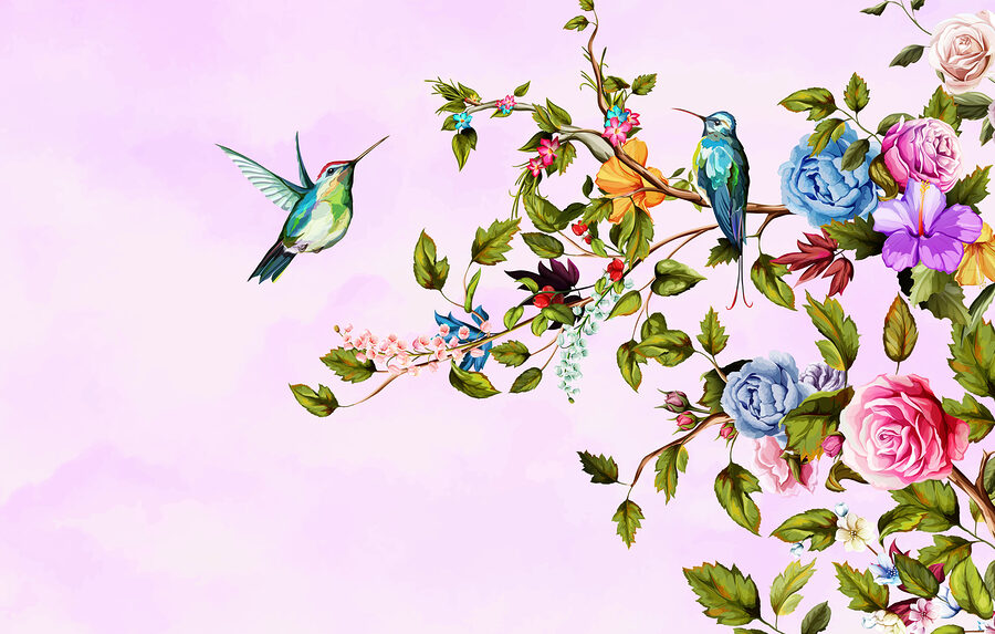 Pintura de pájaros en una rama con flores