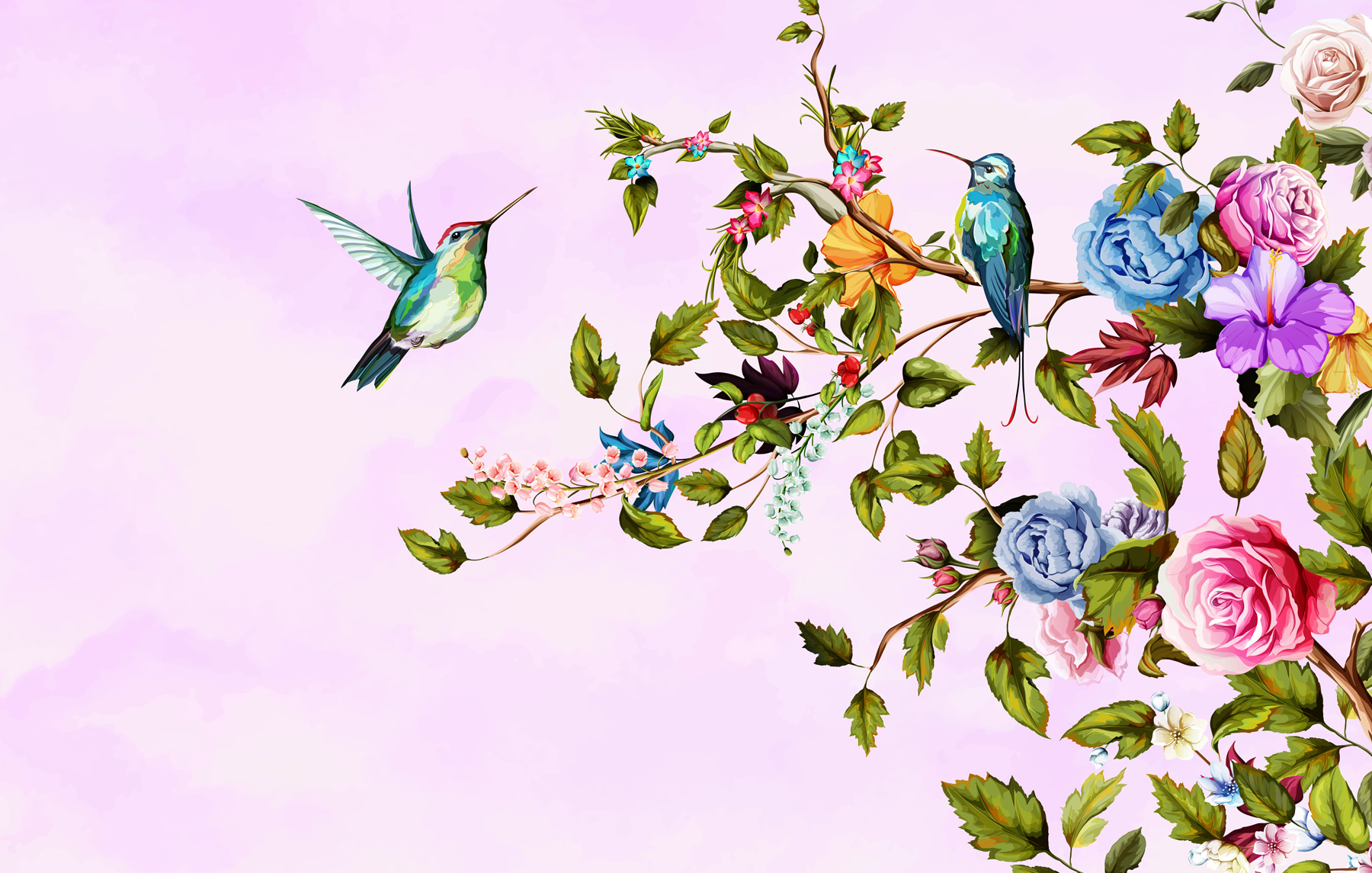 Painting of birds on a branch with flowers Painting of birds on a branch with flowers