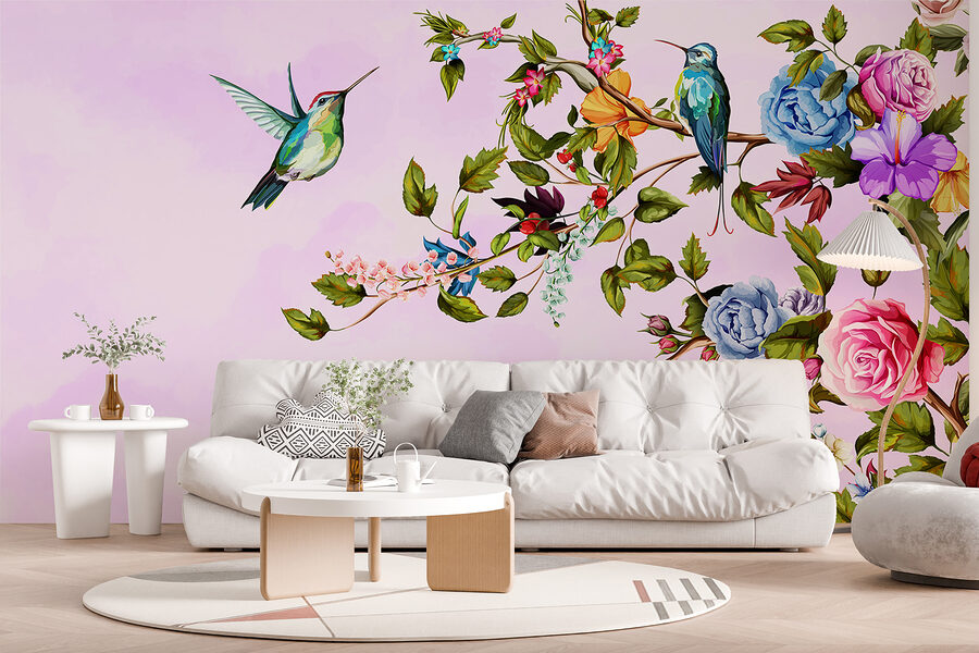 Pintura de pájaros en una rama con flores