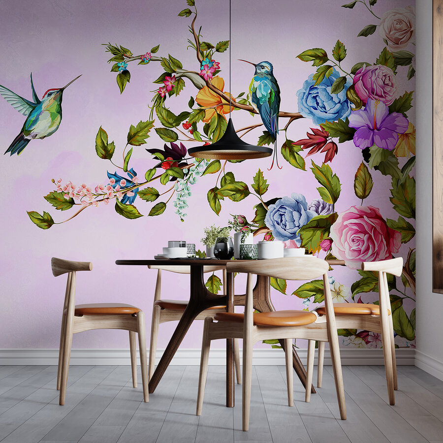 Pintura de pájaros en una rama con flores