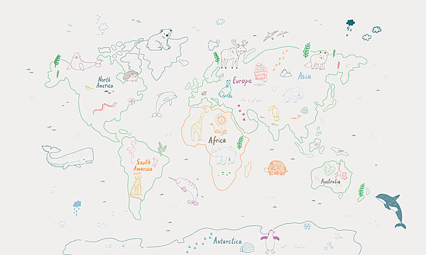 Mapa del mundo con animales y texto Mapa del mundo con animales y texto