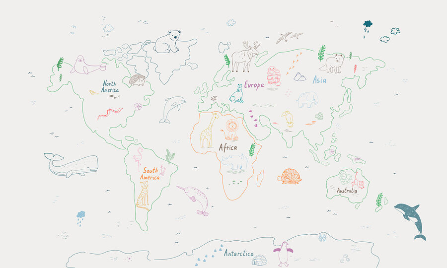 Mapa del mundo con animales y texto