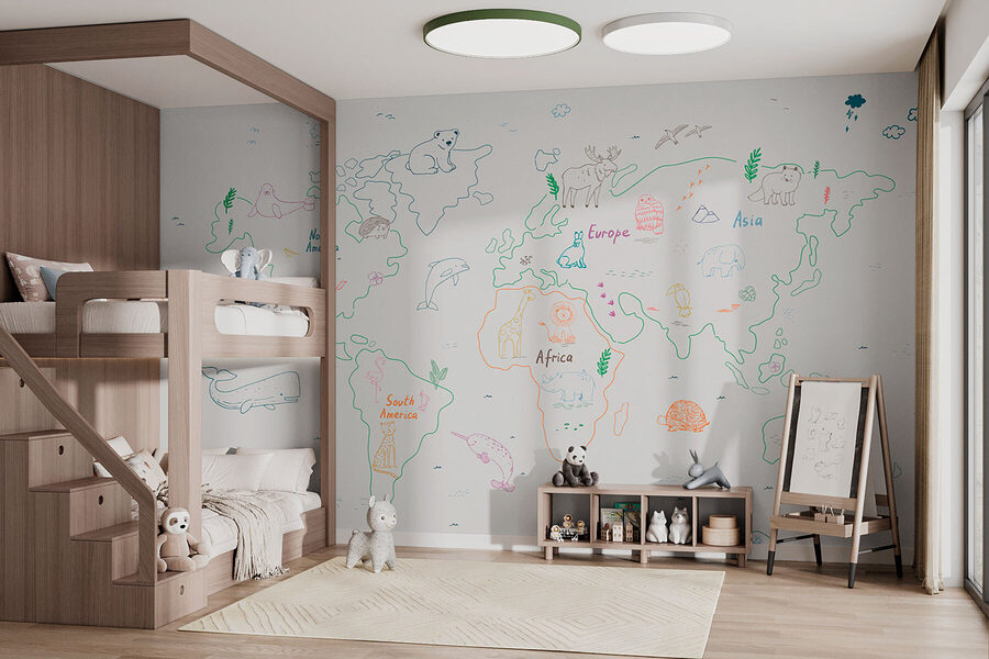 Mapa del mundo con animales y texto