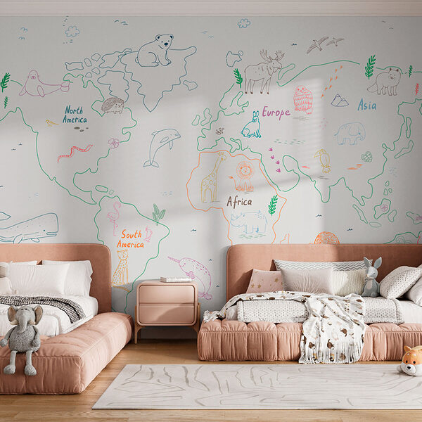 Mapa del mundo con animales y texto Mapa del mundo con animales y texto