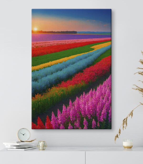 Field of flowers with the sun setting behind them