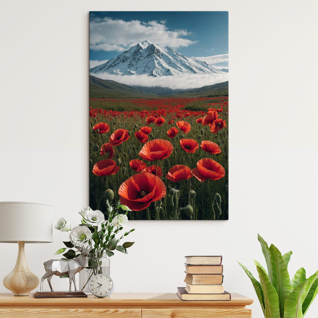 Field of red flowers with a mountain in the background