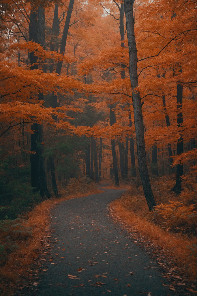 Path through a forest with orange leaves Path through a forest with orange leaves