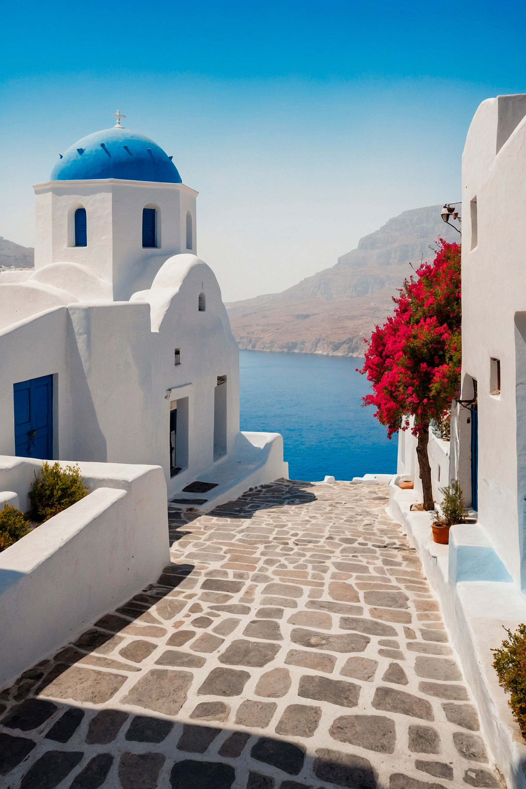 White buildings with a blue dome and a blue roof