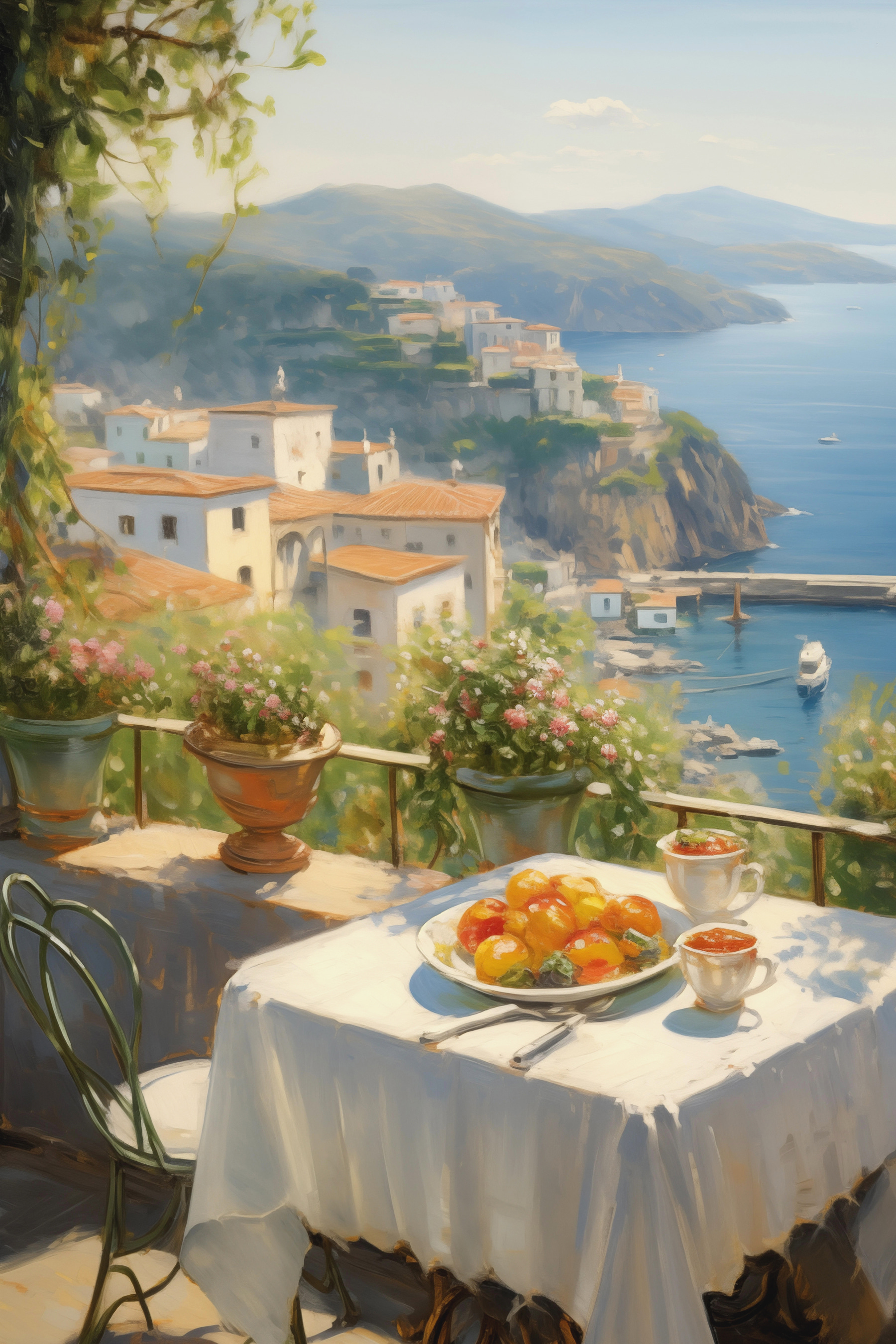 Table with fruit on it and a view of the ocean