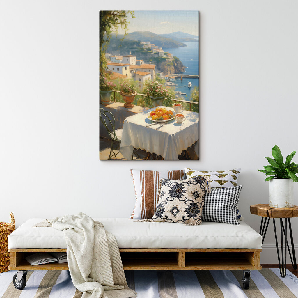 Table with fruit on it and a view of the ocean