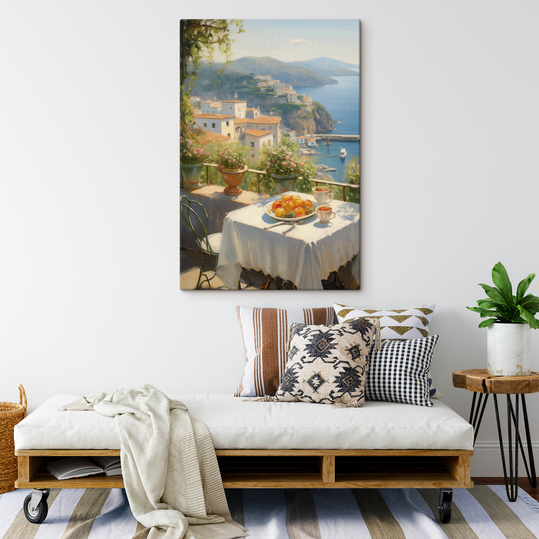 Table with fruit on it and a view of the ocean