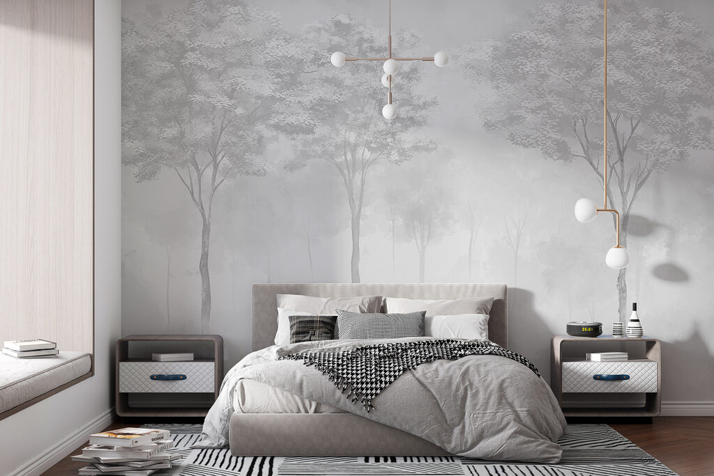 Group of trees in a foggy forest