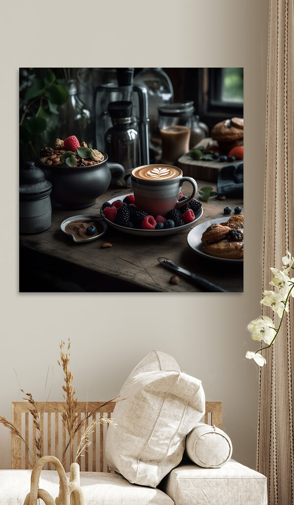 Una taza de café con un dibujo de latte art en un plato con fruta y cereales Cuadros Una taza de café con un dibujo de latte art en un plato con fruta y cereales