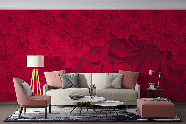 Fotomurales Fotomurales Estampado de flores rojas sobre fondo rojo (SKU: w01051)