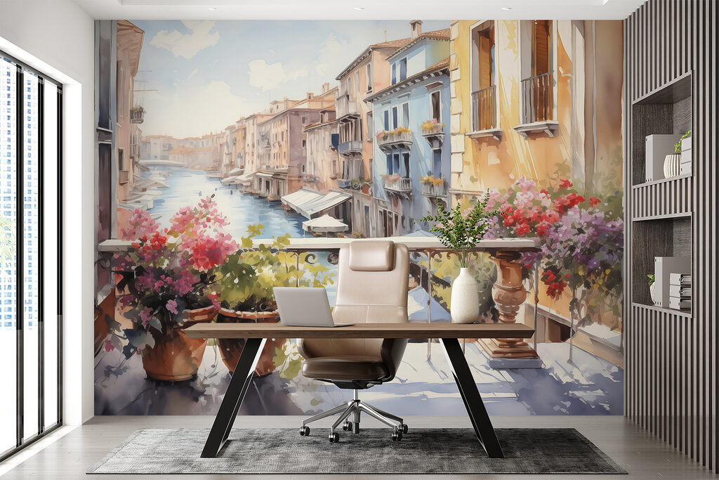 Watercolor painting of a river with a row of buildings and flowers on a balcony