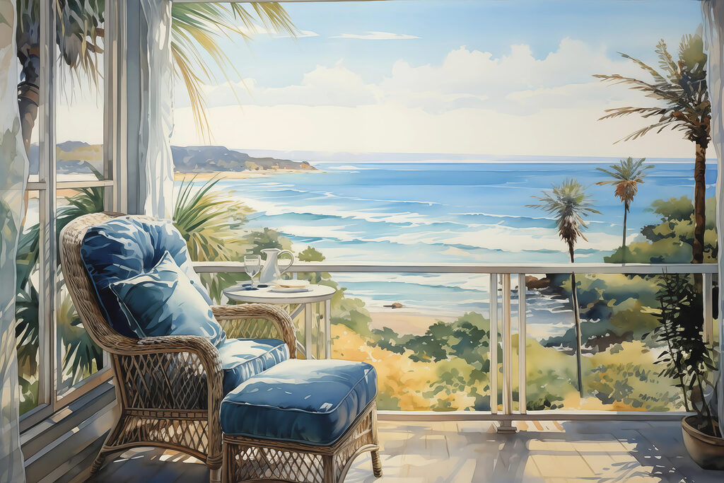 Cuadro en acuarela de una silla y una mesa en un balcón con vistas a la playa Cuadro en acuarela de una silla y una mesa en un balcón con vistas a la playa