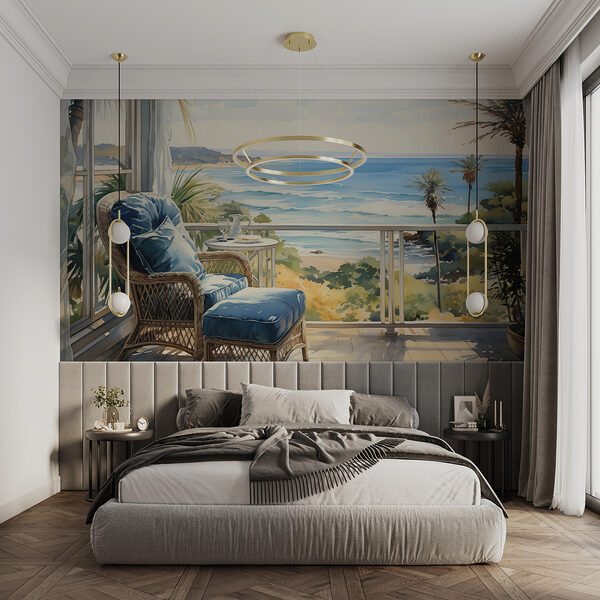 Cuadro en acuarela de una silla y una mesa en un balcón con vistas a la playa Cuadro en acuarela de una silla y una mesa en un balcón con vistas a la playa