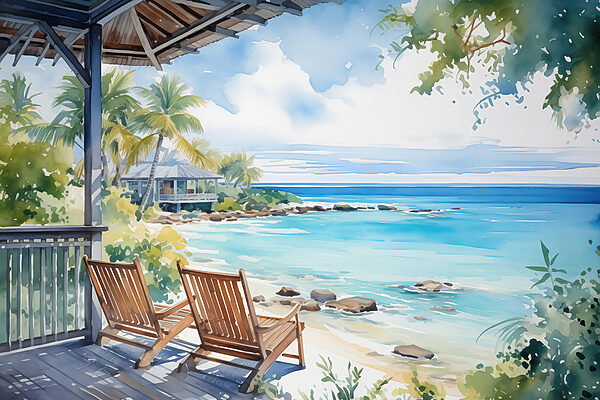 Acuarela de sillas en una terraza con vistas a la playa Acuarela de sillas en una terraza con vistas a la playa