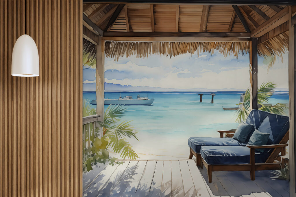 Watercolor painting of a beach with chairs and a boat Watercolor painting of a beach with chairs and a boat