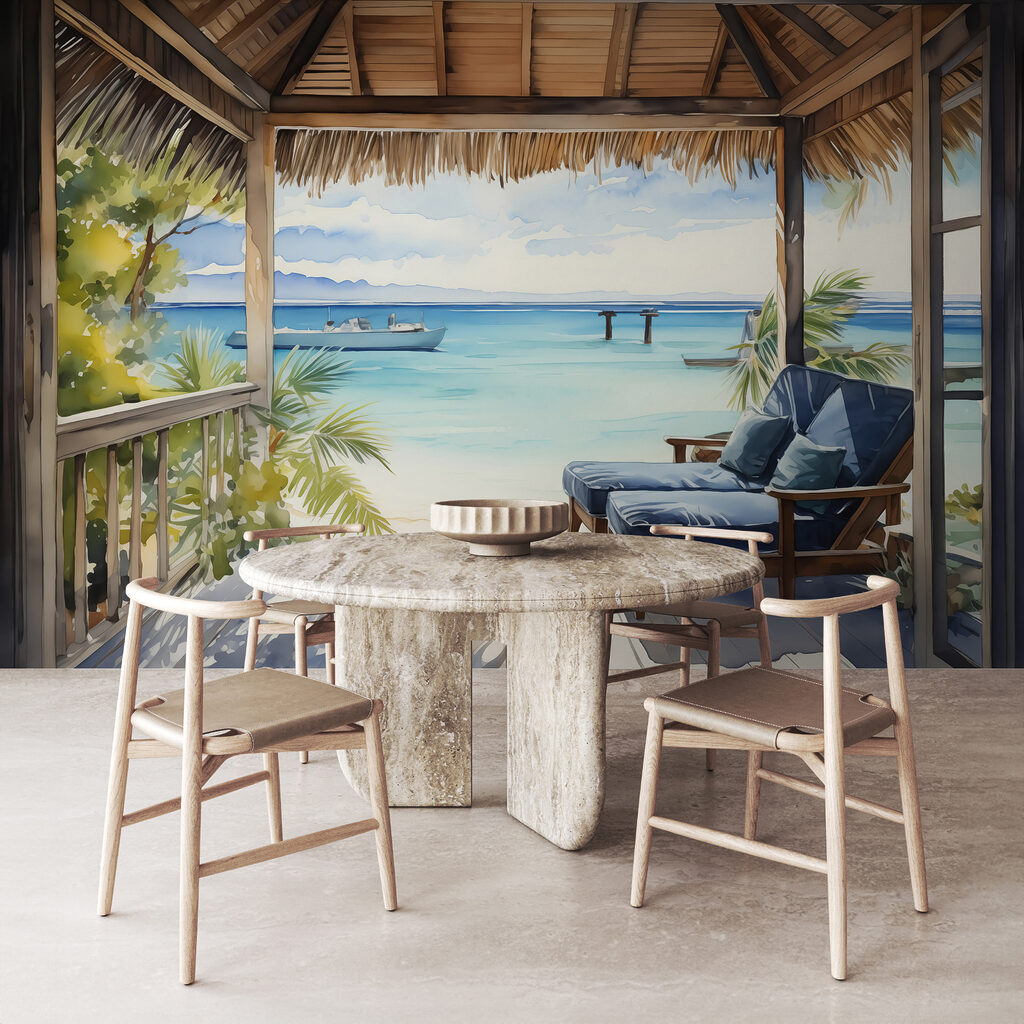 Watercolor painting of a beach with chairs and a boat Watercolor painting of a beach with chairs and a boat