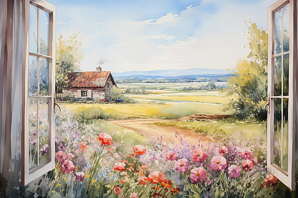 Pintura de una casa y flores Pintura de una casa y flores