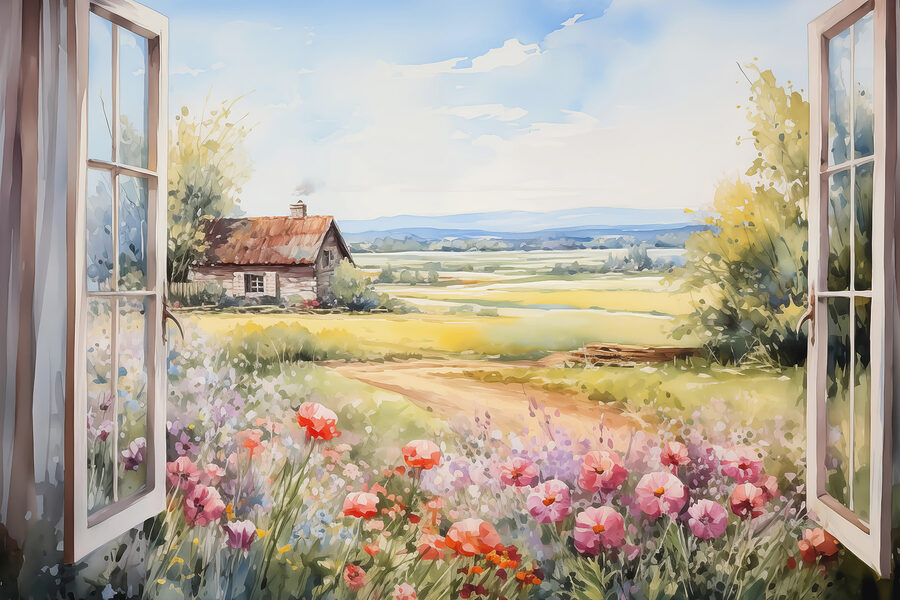 Pintura de una casa y flores