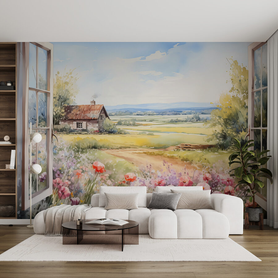 Pintura de una casa y flores