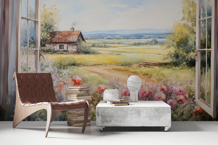 Pintura de una casa y flores