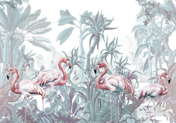Group of flamingos in a jungle