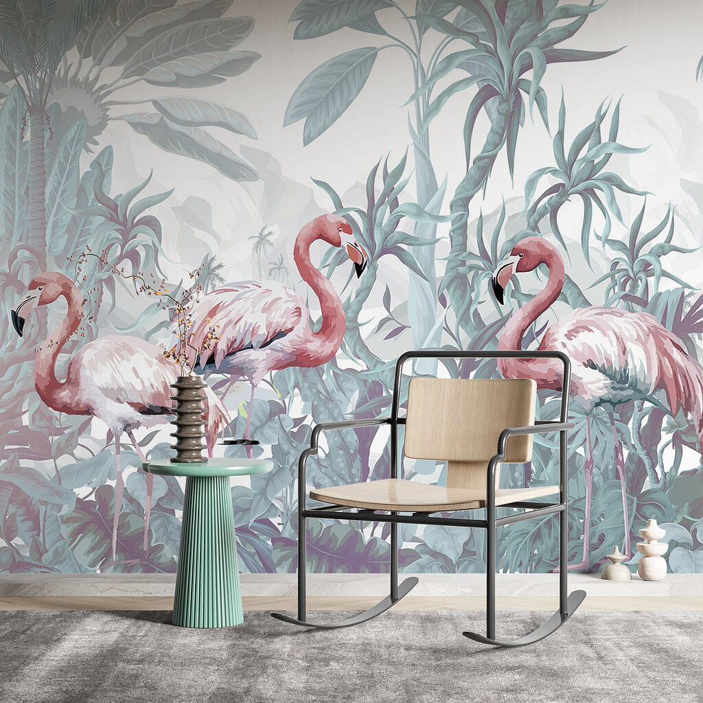 Group of flamingos in a jungle